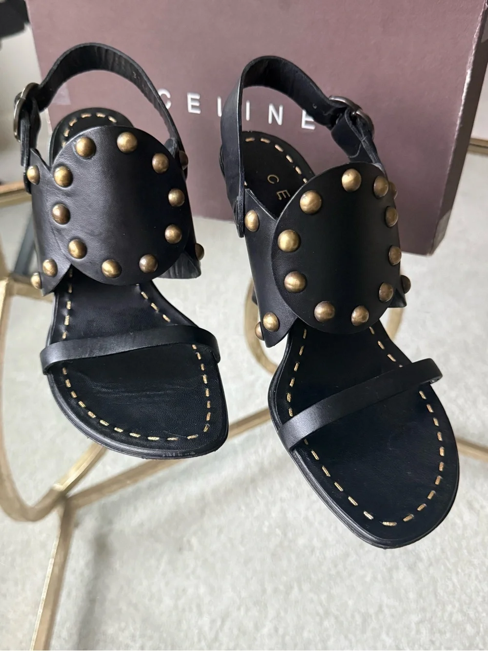 Celine Black Leather Gold Studded Punjab Sandals MSRP approx $1200